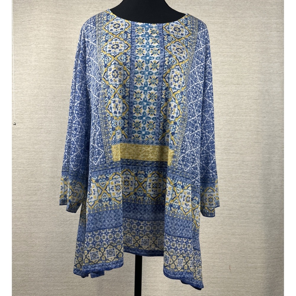 Ruby Rd Womens 2X Blue Boho Semi Sheer Tunic Top Plus Size Lightweight Mosaic